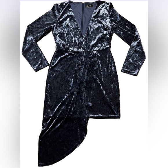 Lulus XL strong ambition slate blue velvet asymmetrical long sleeve dress - Picture 2 of 13